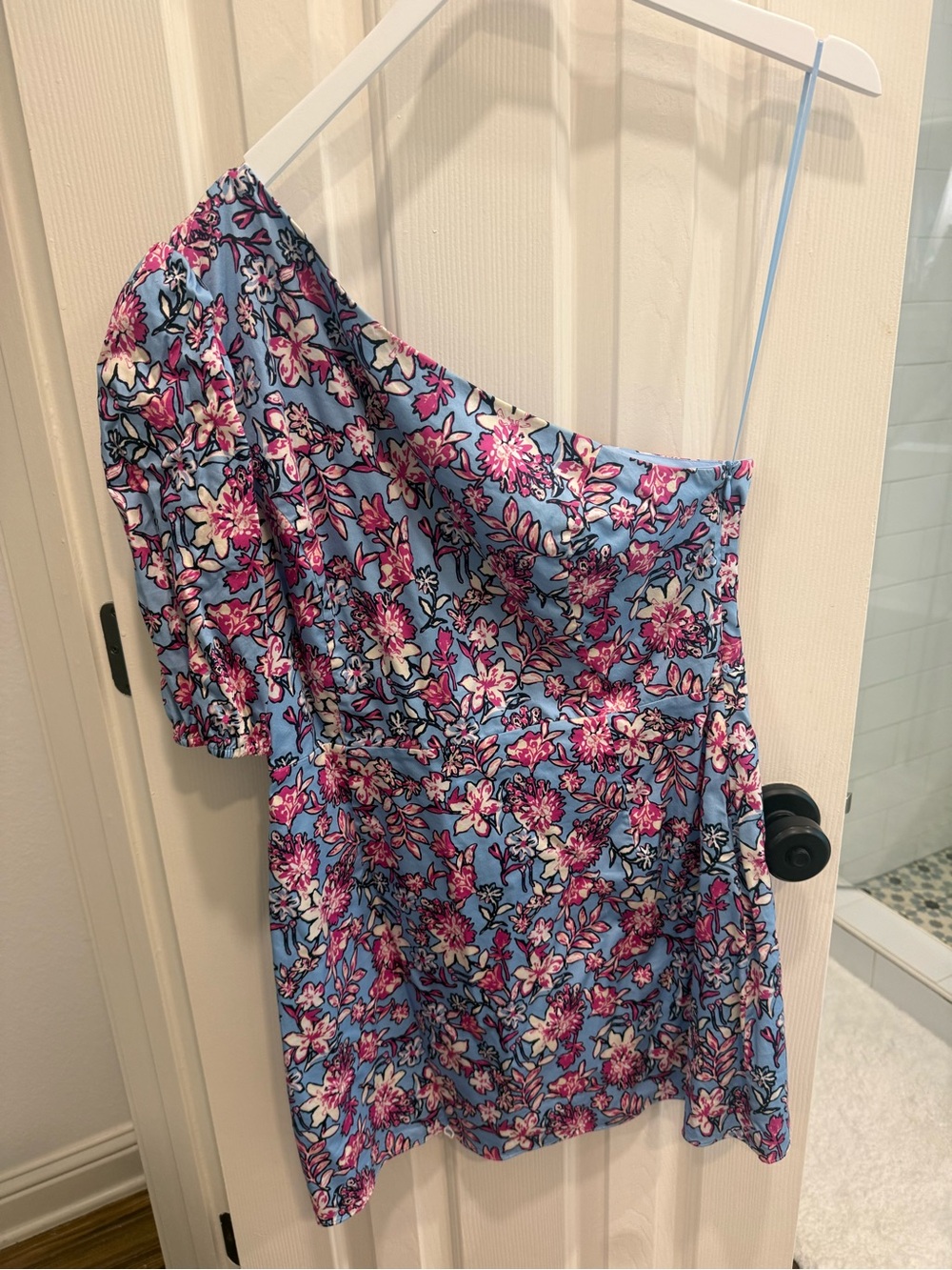 French Connection One-Shoulder Floral Dress in Blue and Pink